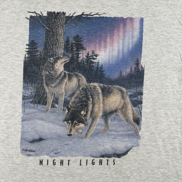 Vintage 90s Wolf Shirt Men’s Large Gray Northern Night‎ Lights Wildlife - Picture 2 of 16